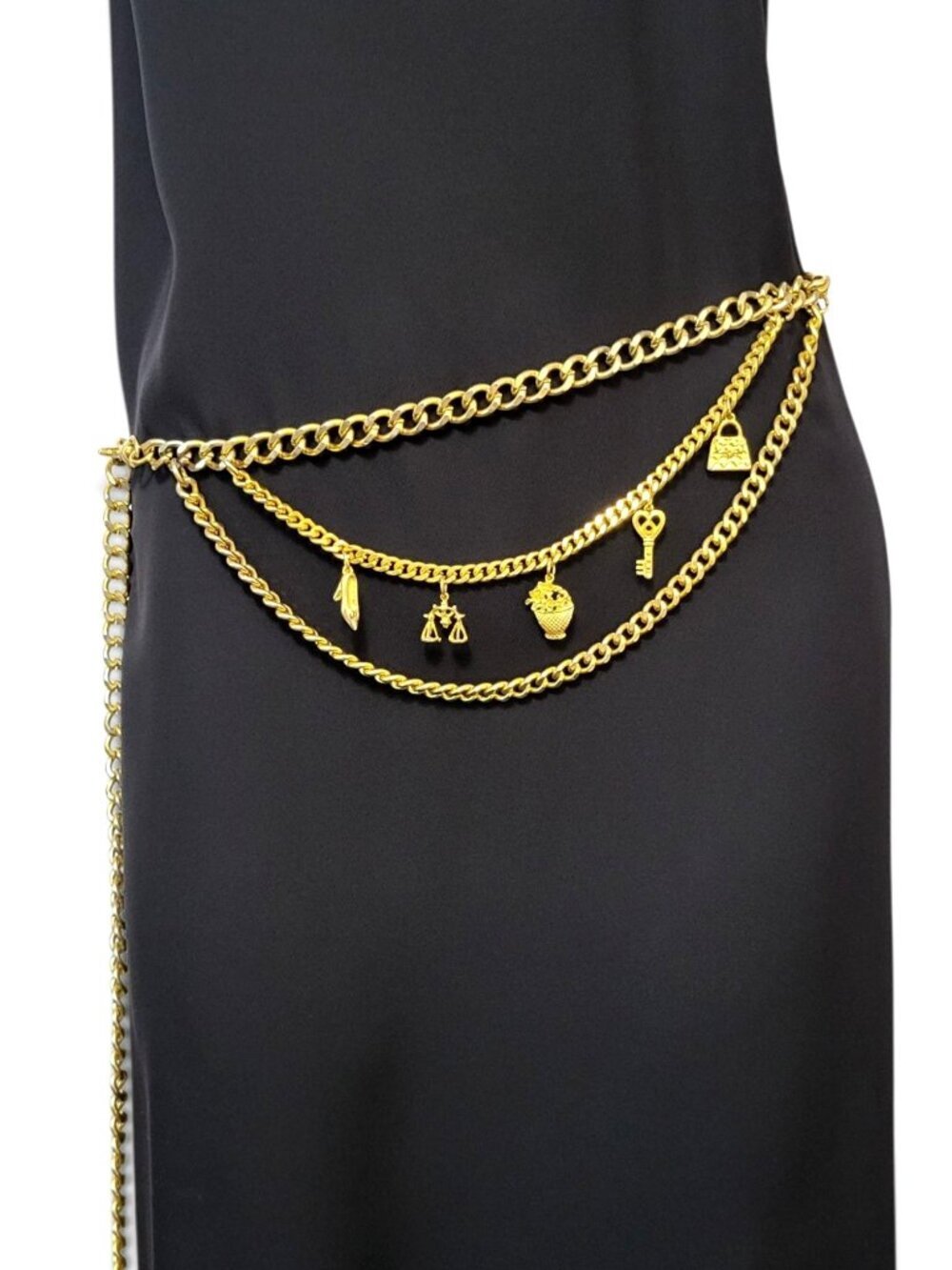 Vintage Layered Chain Link Charm Belt Gold Tone Maximalist Boho